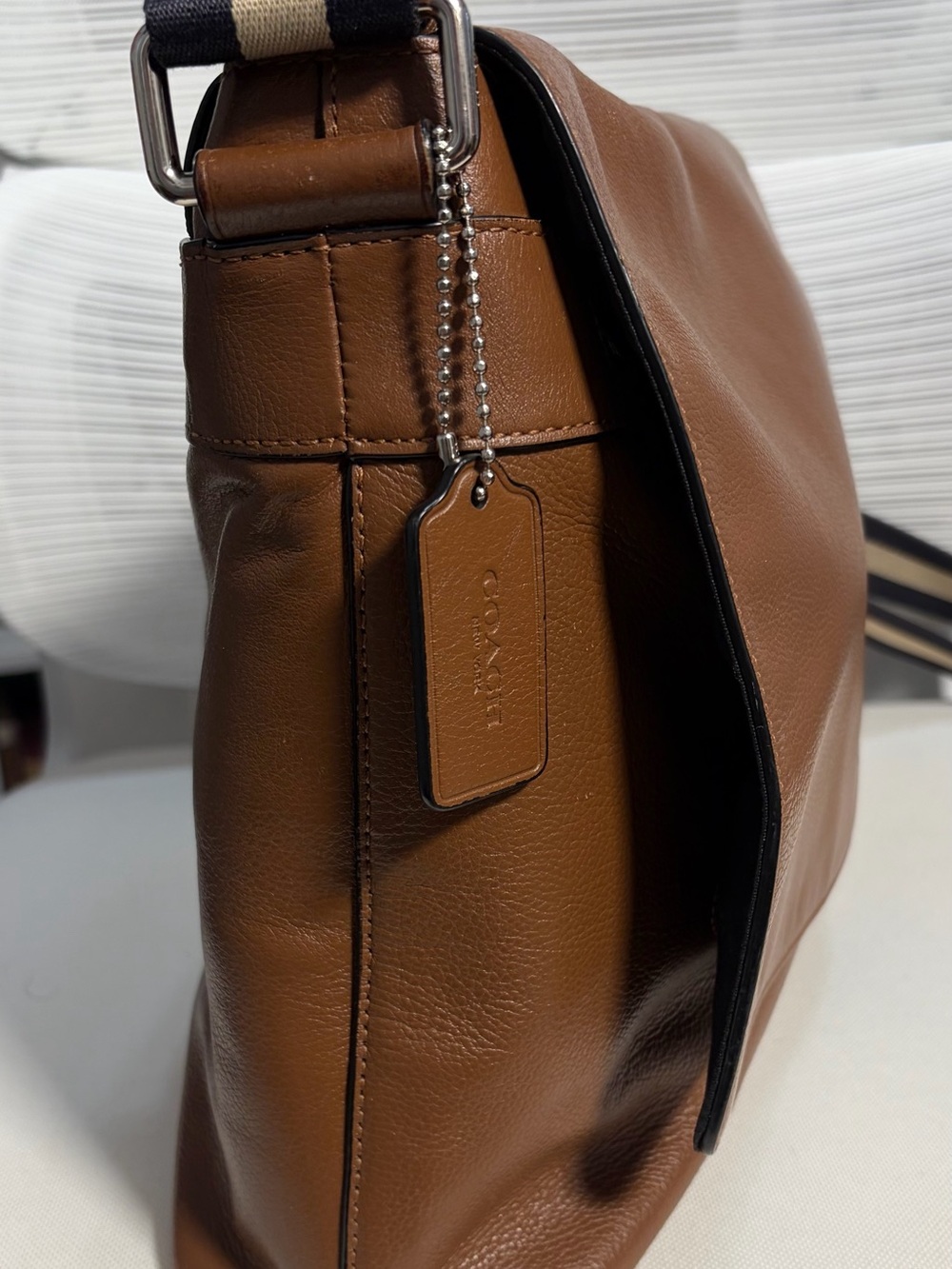 Coach Charles Brown Leather Messenger & Laptop Bag with Striped Adjustable Strap